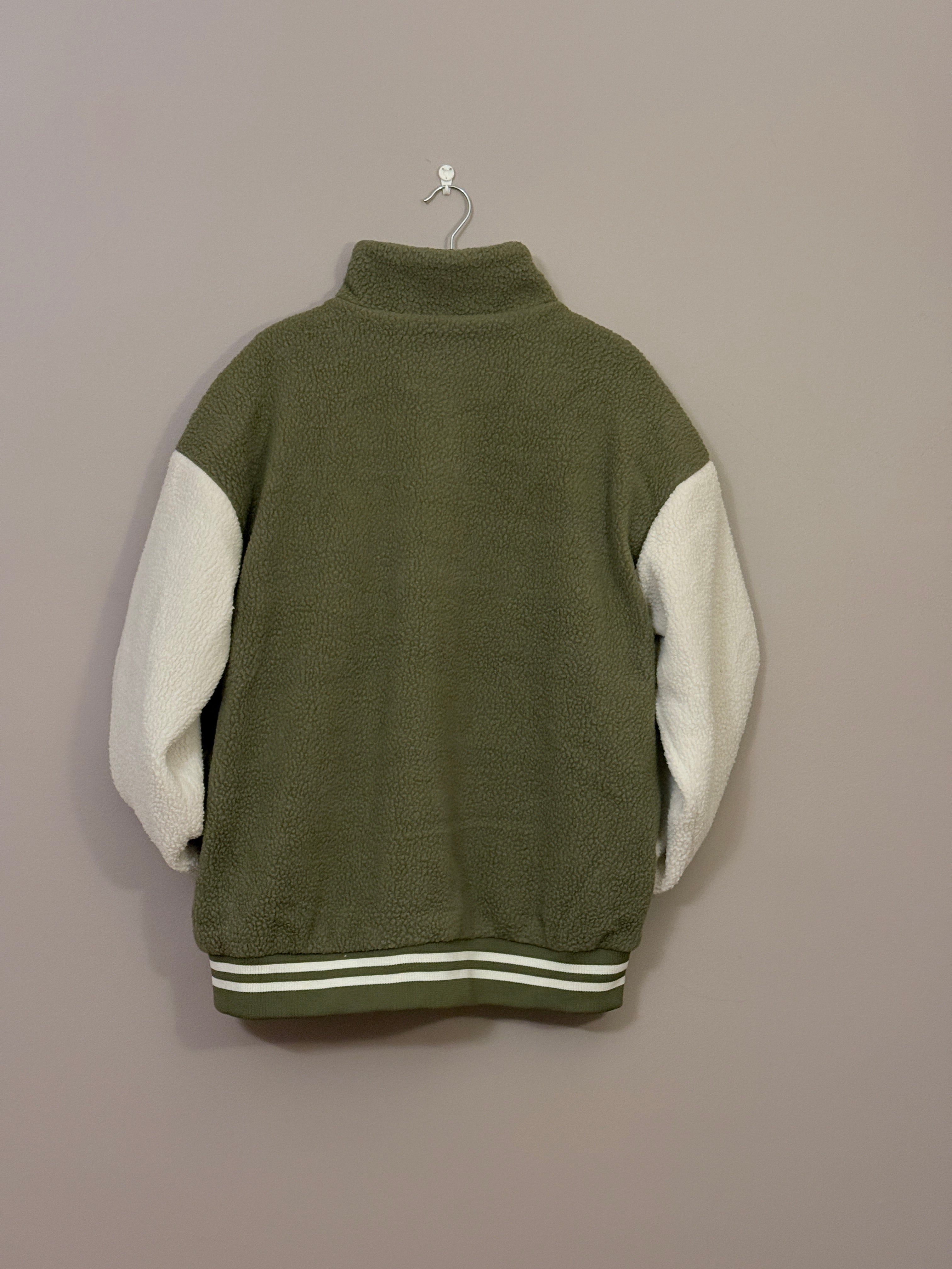 Olive Green Sherpa Varsity Jacket – Two-Tone Fleece Zip-Up