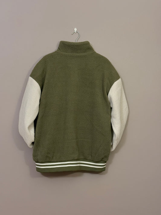 Olive Green Sherpa Varsity Jacket – Two-Tone Fleece Zip-Up