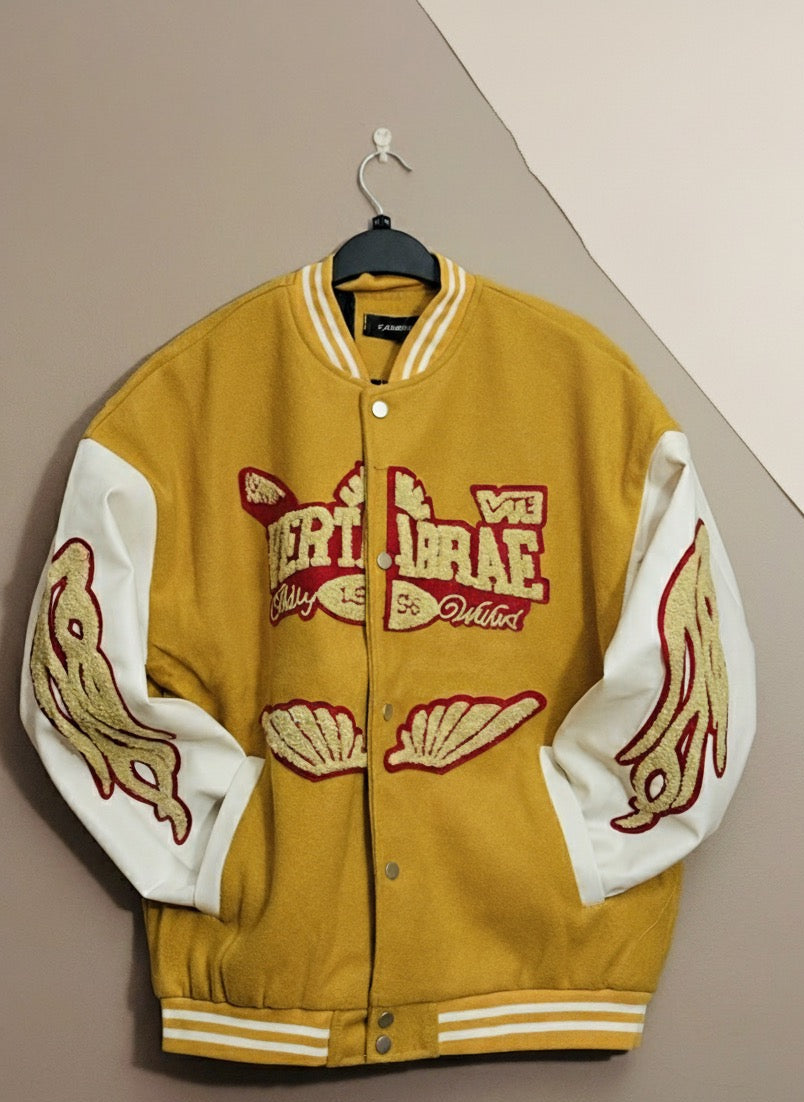Vintage Mustard Varsity Jacket – Embroidered Letterman Style