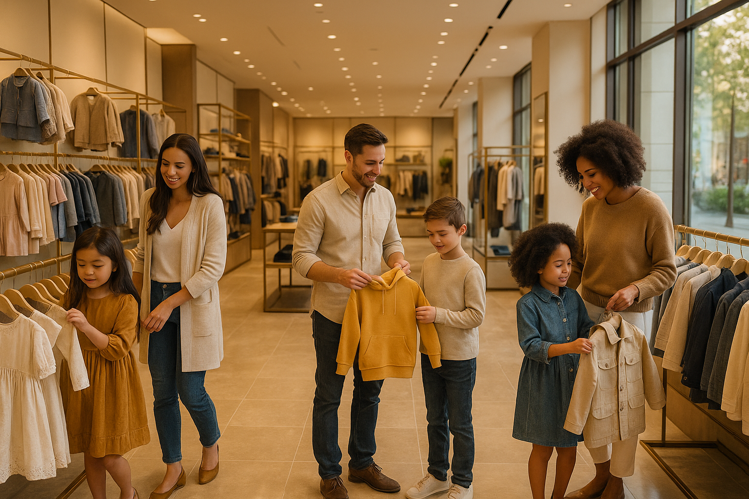 kids and families exploring clothing in a store premium